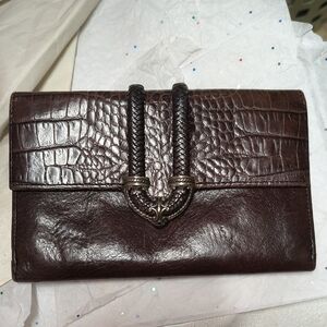 Brighton Dark Brown Croc-Embossed Leather Wallet with Braided Accent
